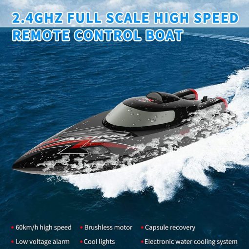 Racing Boat comes with 2 Rechargeable Batteries,with Low Battery Alarm ,Brushless Motor, LED Lights, Water Cooling System