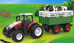 RC Farm Tractor 1/24 Scale Toy 4 Wheel Convertible Livestock Trailer & Cow